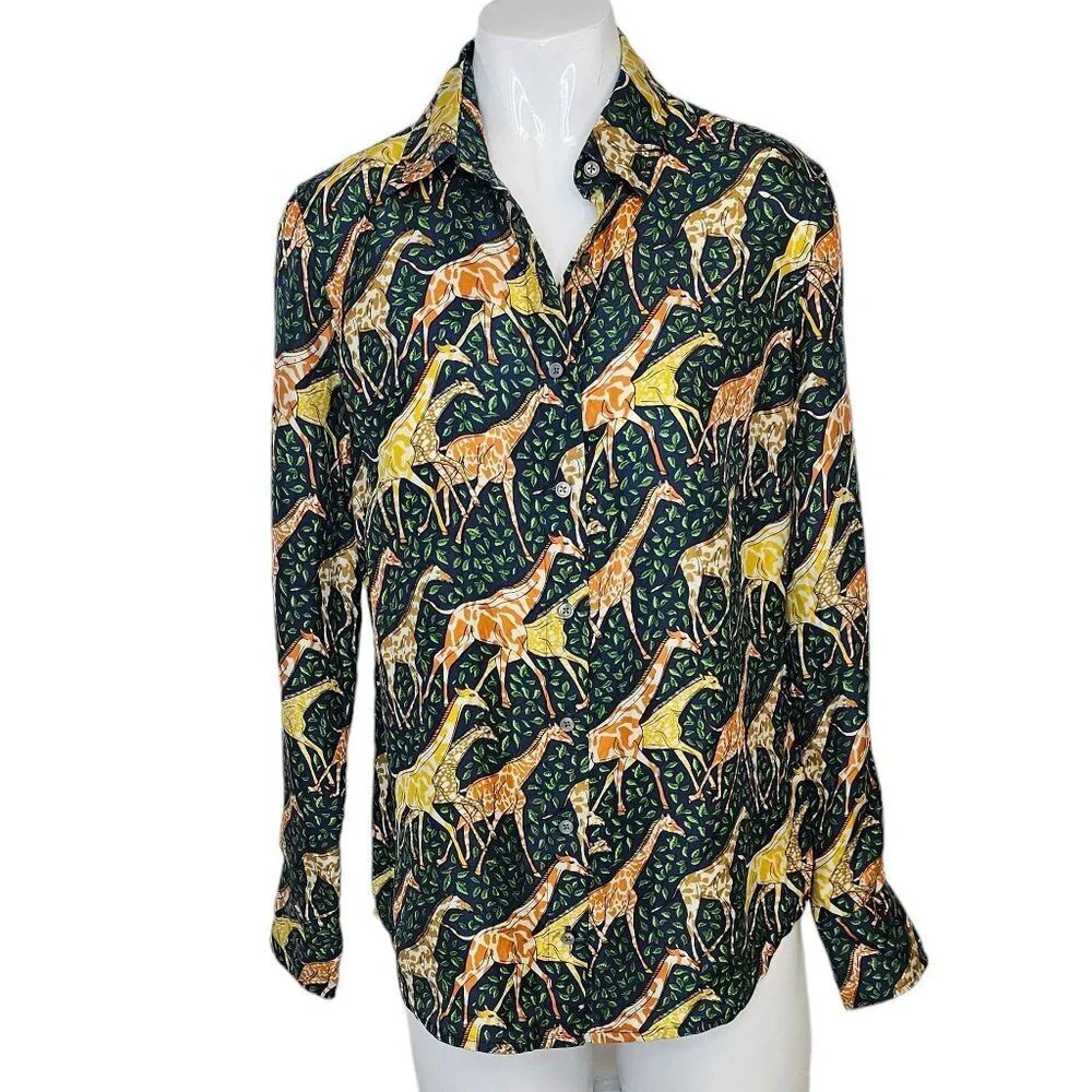 J.Crew Collection 100% Silk Twill Safari  Button Down Shirt Size 2 Giraffe